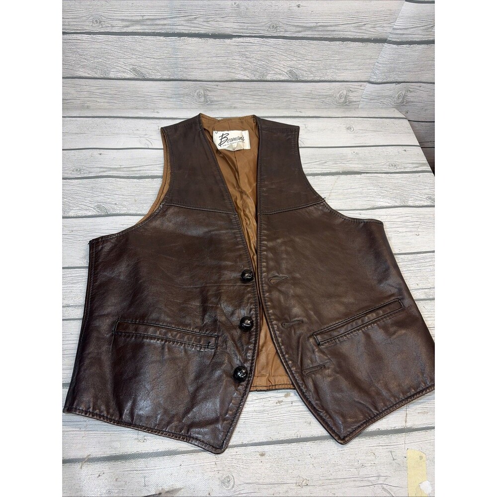 Bermans Vtg Leather Vest Mens 40 Button Front Brown Ranch Farm Cowboy Western